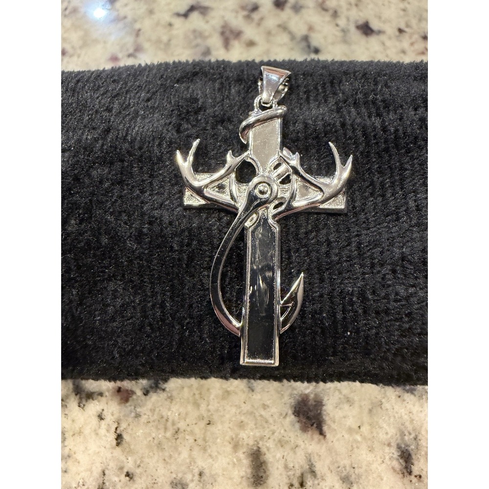 925 Sterling Silver Cross Hook Antler Pendant‎ Christian Hunting Jewelry